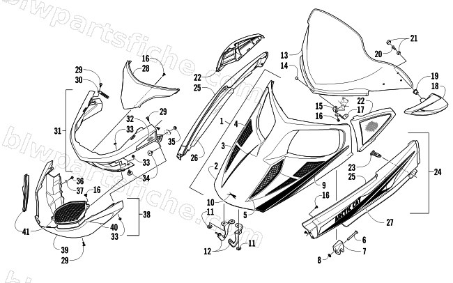 HOOD, WINDSHIELD, AND FRONT BUMPER ASSEMBLY diagram