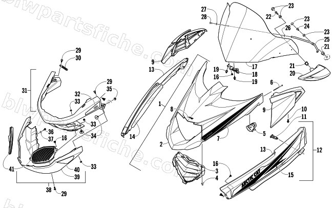 HOOD, WINDSHIELD, AND FRONT BUMPER ASSEMBLY diagram