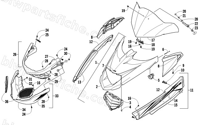 HOOD, WINDSHIELD, AND FRONT BUMPER ASSEMBLY diagram