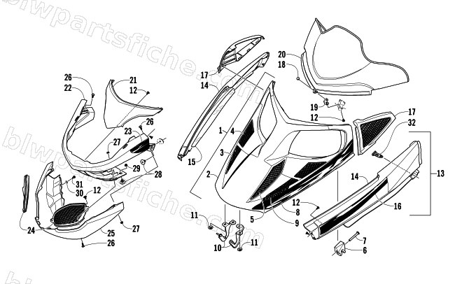 HOOD, WINDSHIELD, AND FRONT BUMPER ASSEMBLY diagram