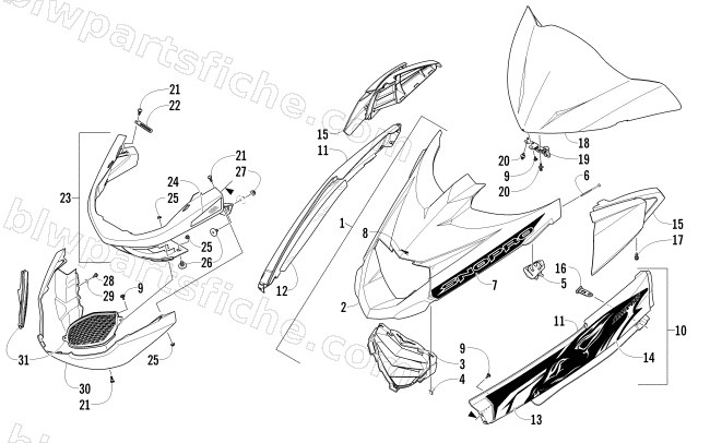 HOOD, WINDSHIELD, AND FRONT BUMPER ASSEMBLY diagram