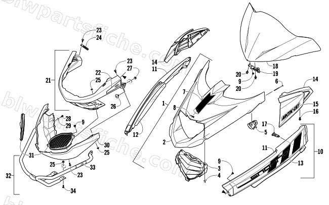 HOOD, WINDSHIELD, AND FRONT BUMPER ASSEMBLY diagram