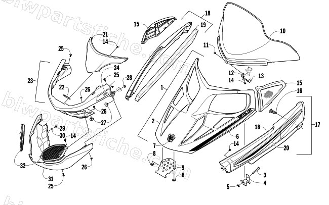 HOOD, WINDSHIELD, AND FRONT BUMPER ASSEMBLY diagram