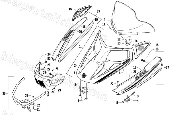 HOOD, WINDSHIELD, AND FRONT BUMPER ASSEMBLY diagram