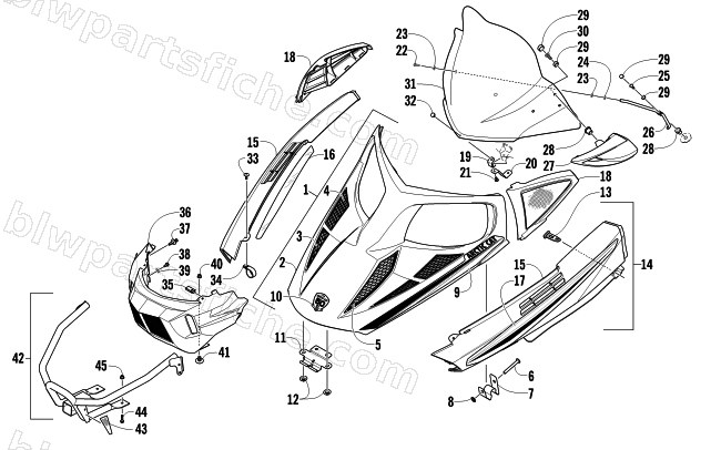 HOOD, WINDSHIELD, AND FRONT BUMPER ASSEMBLY diagram
