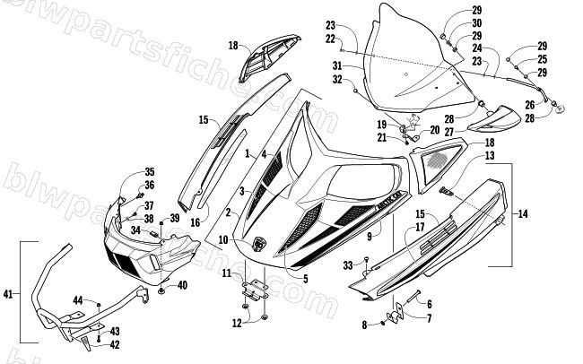 HOOD, WINDSHIELD, AND FRONT BUMPER ASSEMBLY diagram