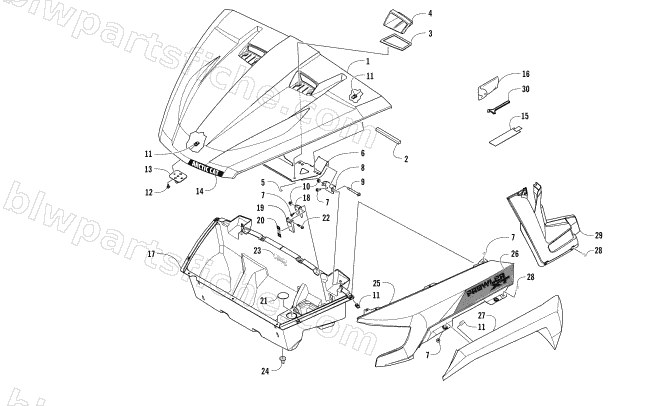 HOOD/FRONT STORAGE AND SIDE PANEL ASSEMBLY diagram
