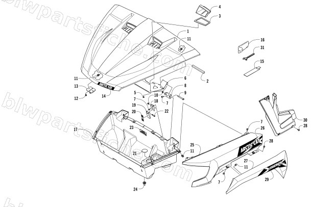 HOOD/FRONT STORAGE AND SIDE PANEL ASSEMBLY diagram