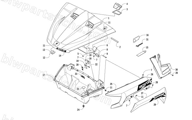 HOOD/FRONT STORAGE AND SIDE PANEL ASSEMBLY diagram