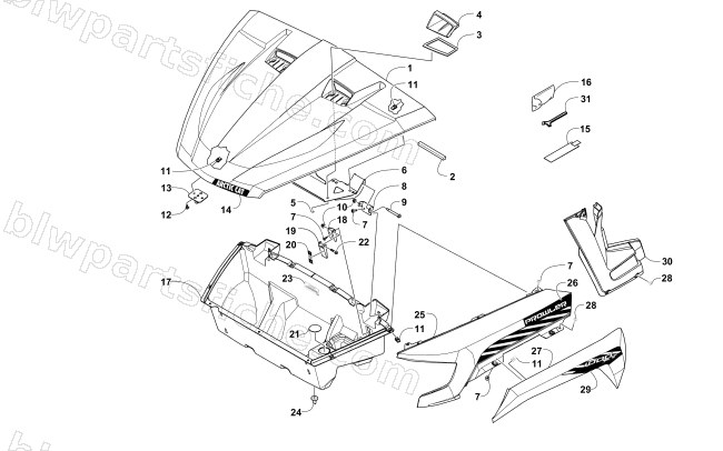 HOOD/FRONT STORAGE AND SIDE PANEL ASSEMBLY diagram