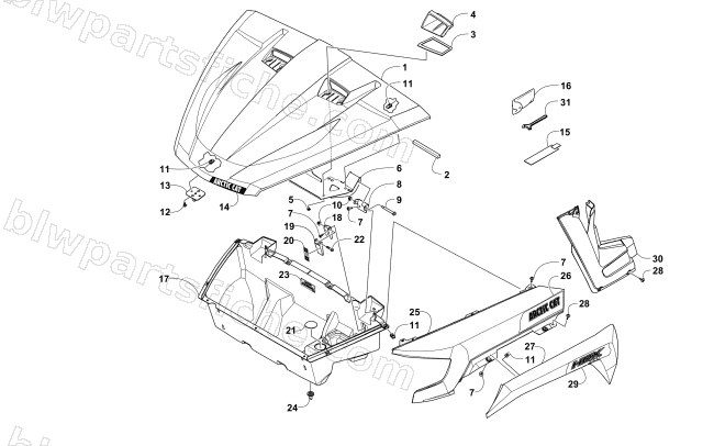 HOOD/FRONT STORAGE AND SIDE PANEL ASSEMBLY diagram