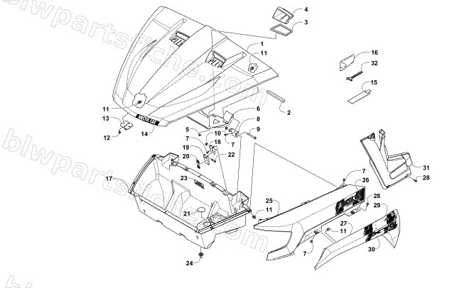 HOOD/FRONT STORAGE AND SIDE PANEL ASSEMBLY diagram