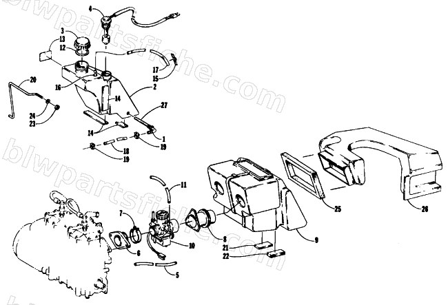 OIL TANK, CARBURETOR, AND AIR SILENCER ASSEMBLY diagram
