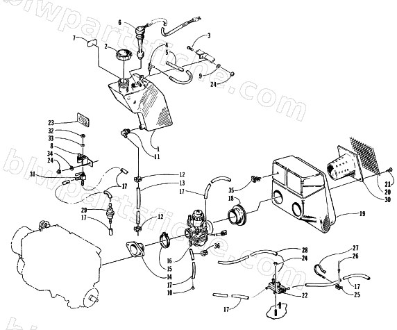 OIL TANK, CARBURETOR, FUEL PUMP, AND SILENCER diagram