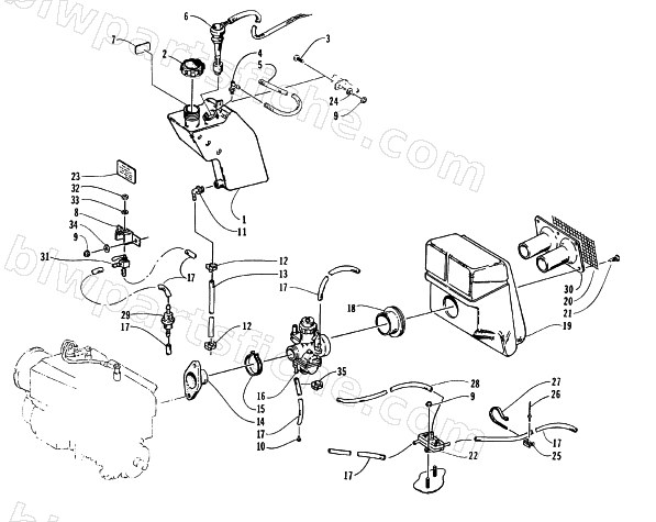 OIL TANK, CARBURETOR, FUEL PUMP, AND SILENCER diagram