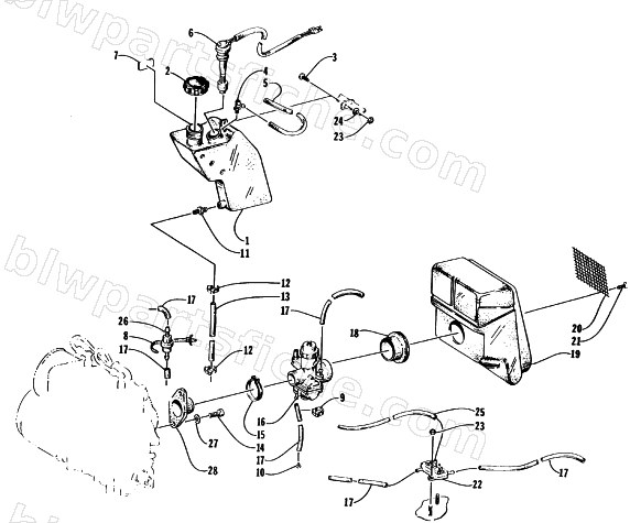 OIL TANK, CARBURETOR, FUEL PUMP, AND SILENCER diagram