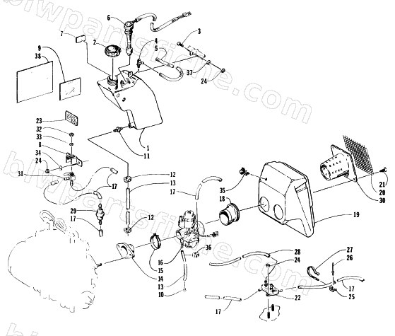OIL TANK, CARBURETOR, FUEL PUMP, AND SILENCER diagram