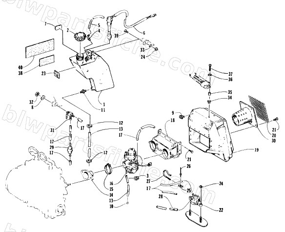 OIL TANK, CARBURETOR, FUEL PUMP, AND SILENCER diagram