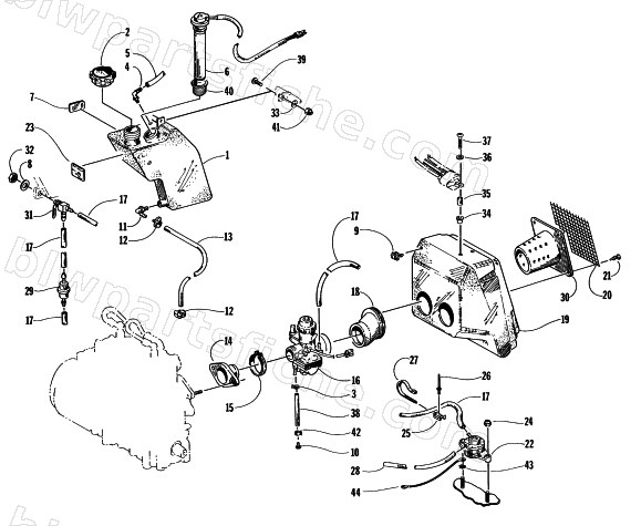 OIL TANK, CARBURETOR, FUEL PUMP, AND SILENCER diagram