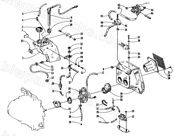 OIL TANK, CARBURETOR, FUEL PUMP, AND SILENCER diagram