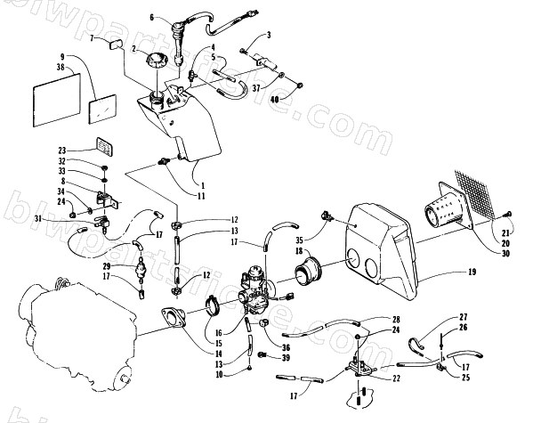 OIL TANK, CARBURETOR, FUEL PUMP, AND SILENCER diagram