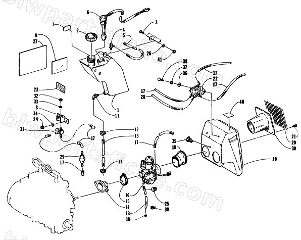 OIL TANK, CARBURETOR, FUEL PUMP, AND SILENCER diagram