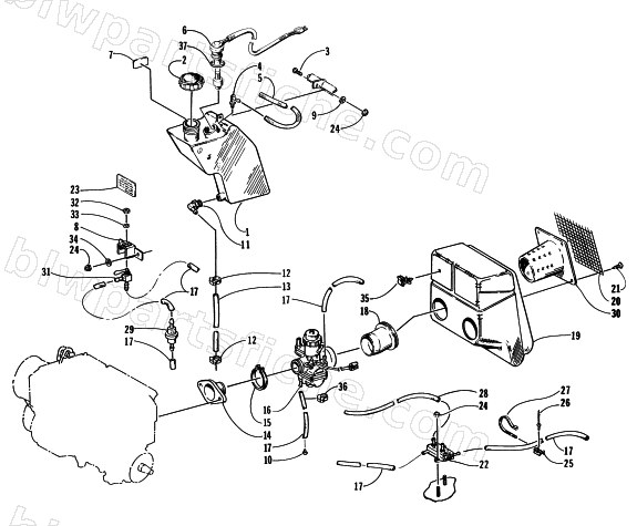 OIL TANK, CARBURETOR, FUEL PUMP, AND SILENCER diagram