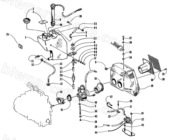 OIL TANK, CARBURETOR, FUEL PUMP, AND SILENCER diagram