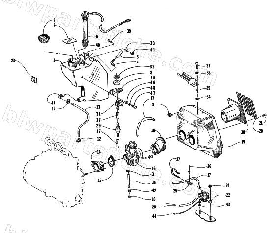 OIL TANK, CARBURETOR, FUEL PUMP, AND SILENCER diagram