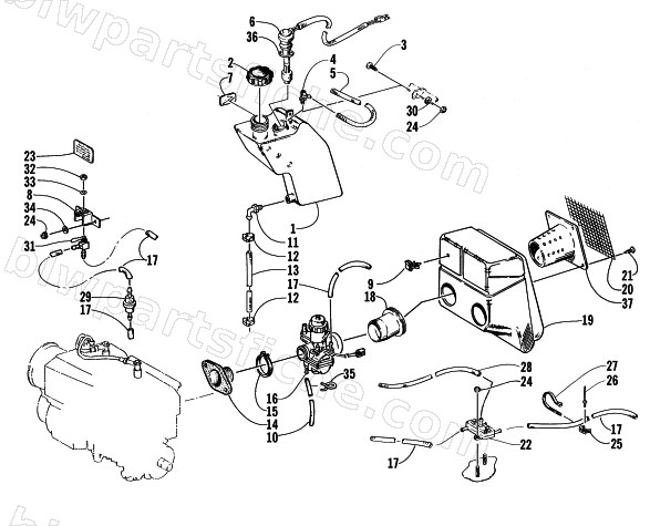 OIL TANK, CARBURETOR, FUEL PUMP, AND SILENCER diagram