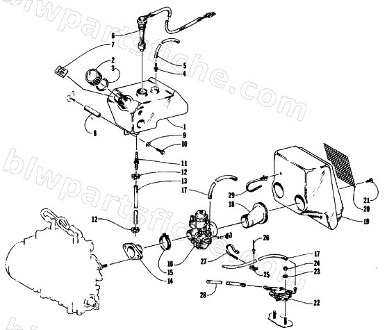 OIL TANK, CARBURETOR, FUEL PUMP, AND SILENCER diagram