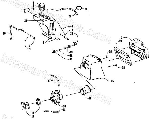 OIL TANK, CARBURETOR, FUEL PUMP, AND SILENCER diagram