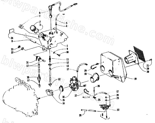OIL TANK, CARBURETOR, FUEL PUMP AND SILENCER diagram