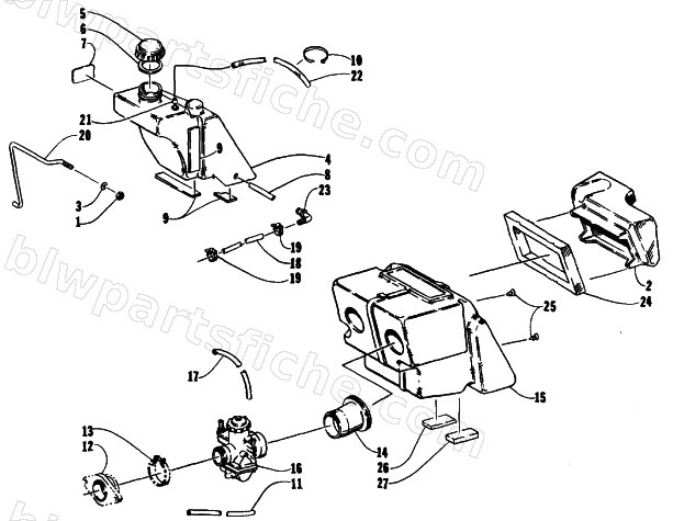 OIL TANK, CARBURETOR, FUEL PUMP, AND SILENCER diagram