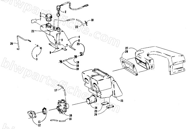 OIL TANK, CARBURETOR, FUEL PUMP, AND SILENCER diagram