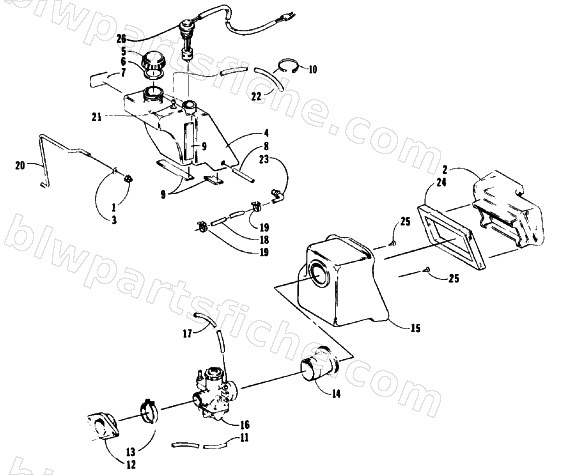 OIL TANK, CARBURETOR, FUEL PUMP AND SILENCER diagram
