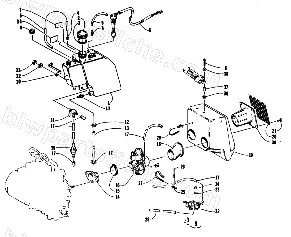 OIL TANK, CARBURETOR, FUEL PUMP, AND SILENCER diagram