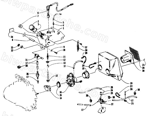 OIL TANK, CARBURETOR, FUEL PUMP, AND SILENCER diagram