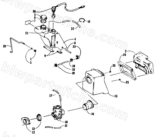 OIL TANK, CARBURETOR, FUEL PUMP AND SILENCER diagram