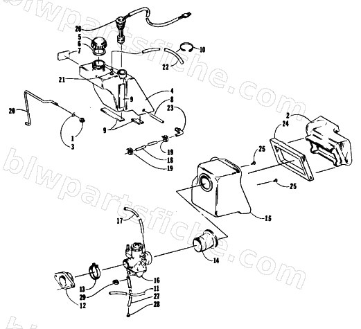 OIL TANK, CARBURETOR, FUEL PUMP AND SILENCER diagram
