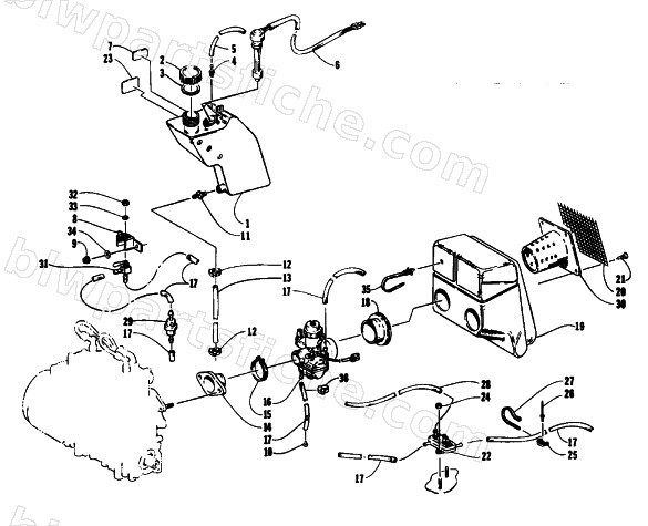 OIL TANK, CARBURETOR, FUEL PUMP, AND SILENCER diagram