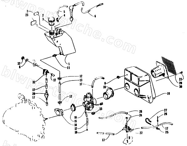 OIL TANK, CARBURETOR, FUEL PUMP, AND SILENCER diagram