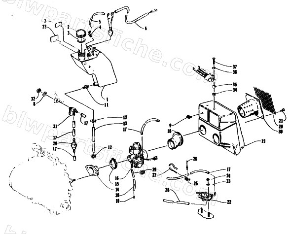 OIL TANK, CARBURETOR, FUEL PUMP, AND SILENCER diagram