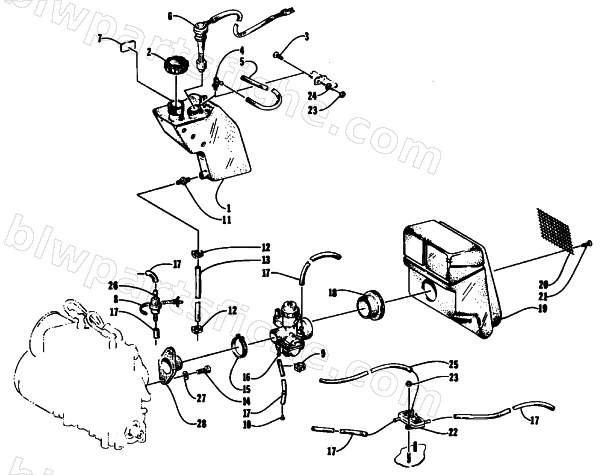 OIL TANK, CARBURETOR, FUEL PUMP, AND SILENCER diagram