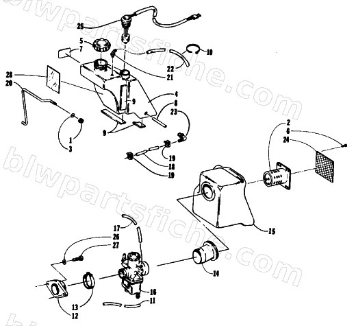 OIL TANK, CARBURETOR, FUEL PUMP AND SILENCER diagram