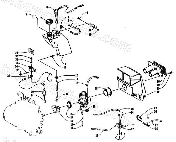 OIL TANK, CARBURETOR, FUEL PUMP, AND SILENCER diagram
