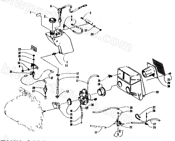 OIL TANK, CARBURETOR, FUEL PUMP, AND SILENCER diagram