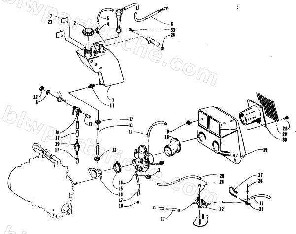 OIL TANK, CARBURETOR, FUEL PUMP, AND SILENCER diagram