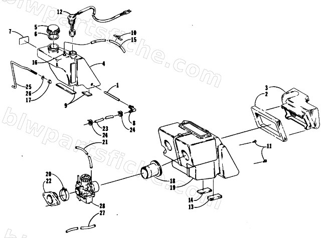 OIL TANK, CARBURETOR, FUEL PUMP, AND SILENCER diagram