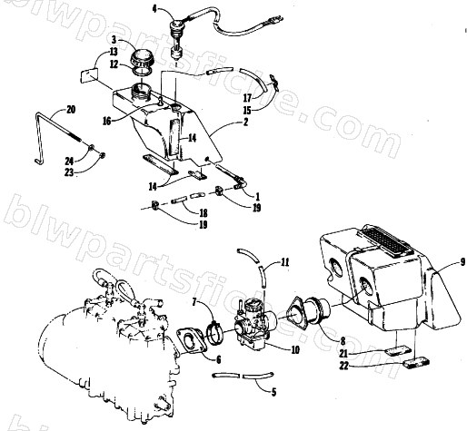 OIL TANK, CARBURETOR, FUEL PUMP, AND SILENCER diagram